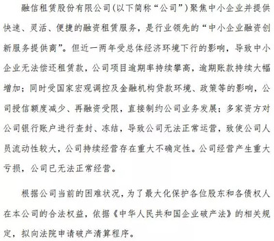 逾期租金飆至6.44億元后，融信租賃申請破產 時運不濟還是早有預謀？